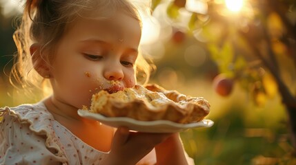 Wall Mural - A young girl is seated at a table with a delicious pie in front of her. The aroma of freshly baked goods fills the room, enticing her to take a bite and share the tasty treat with others AIG50