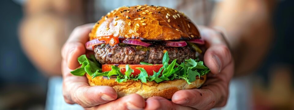  A hand holds a hamburger on a sesame seed bun with lettuce, tomato, and onion