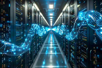 Data center with rows of servers emitting vibrant, colorful light patterns, highlighting advanced technology and high-performance computing