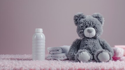 a cute gray teddy bear with pink accents sitting next to a baby bottle and stack of white nappies on a soft pastel background, conveying a concept of motherhood care in the nursery with copy space.