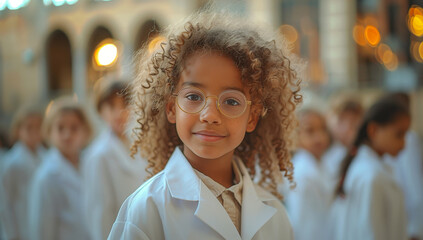 Aufkleber - A young girl with curly hair and glasses smiles at the camera while wearing a white lab coat.