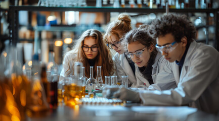 Aufkleber - Four students in a chemistry lab, wearing lab coats and goggles, focus intently on an experiment.