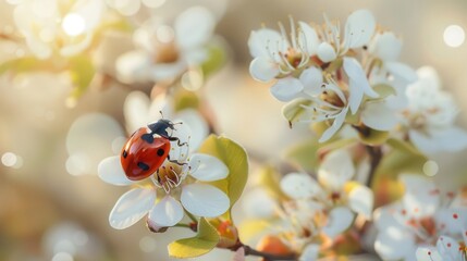 Canvas Print - Close up of a ladybug on a white flower branch