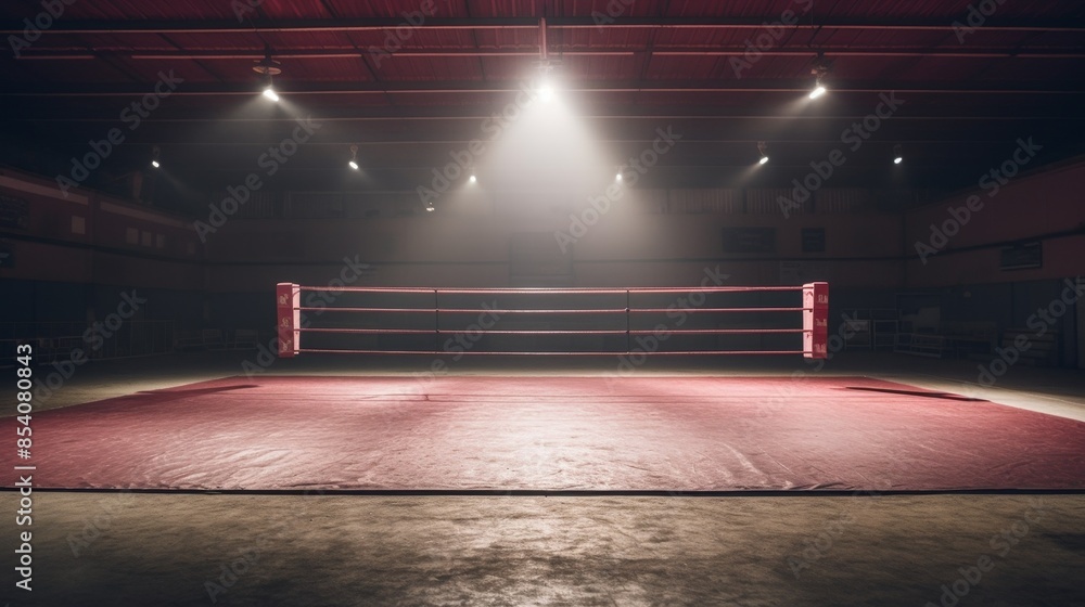 A dramatic photo of an empty boxing ring illuminated by a spotlight ...