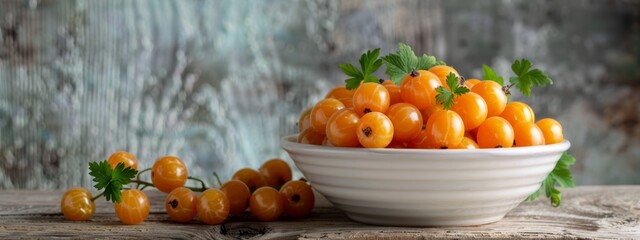 Wall Mural -  A white bowl holds orange berries Nearby, a cluster of green leaves sits atop a wooden surface