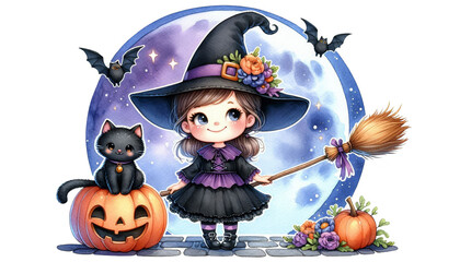 Canvas Print - Cute Witch with a Broom and a Black Cat - A cute witch in a black dress and hat smiles with a broomstick in one hand, while a black cat sits on a pumpkin.