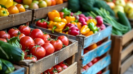 Wall Mural - a display of fresh vegetables in wooden crates on display at a market stall