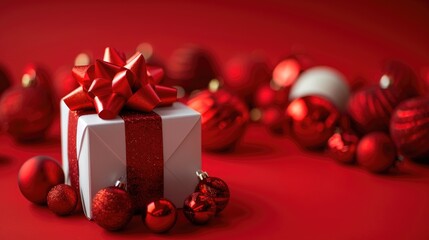 Canvas Print - Festive white box with red bow among Christmas ornaments on red backdrop