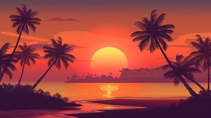 Stunning tropical sunset with a golden sun dipping below the horizon, casting warm hues over the ocean and silhouetting palm trees along the shoreline 