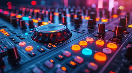 Wall Mural - A detailed image of a music mixing console with various knobs and lit controls, emphasizing modern sound production