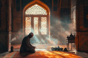 A man is sitting on the floor in a mosque, with his hands together in prayer