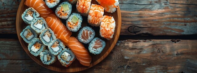  A plate of sushi topped with shrimp, avocado, and cauliflower on a weathered wooden table