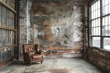 Wall Mural - An empty room with an industrial chic style features a brown leather armchair, exposed brick walls, and large windows with industrial-style frames