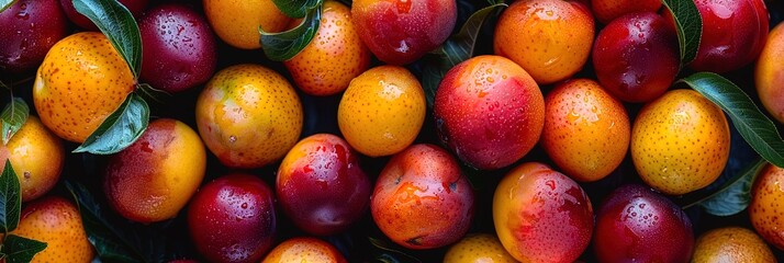 Wall Mural - A bunch of red and orange fruit with green leaves