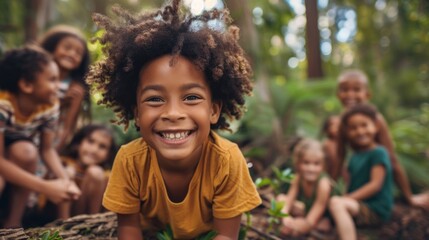 Wall Mural - A group of children are sitting in a forest, one of them is smiling and wearing a yellow shirt