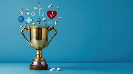 a golden trophy adorned with medical icons against a blue background, symbolizing success in medicine or scientific research, and a winner in business competition.