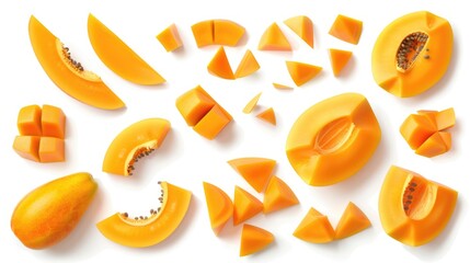 Poster - Freshly cut melon pieces arranged on a clean white surface, perfect for photography or food styling