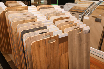 Sticker - Many different samples of wooden flooring in store