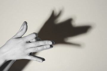 Wall Mural - Shadow puppet. Woman making hand gesture like dog on light background, closeup. Black and white effect