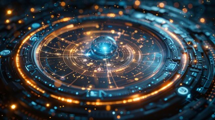 Aufkleber - A close-up image of a glowing blue sphere centered in a futuristic technology interface.