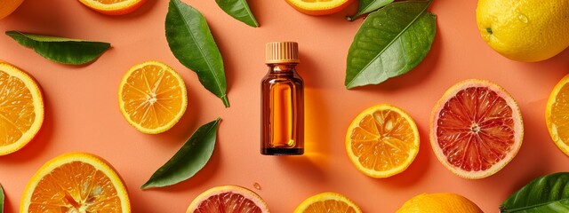  Surrounding a bottle of grapefruit essential oil on a pink background are oranges, grapefruits, and leaves