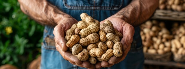  A person tightly grips a handful of peanuts in foreground, surrounded by an expansive background of additional peanuts