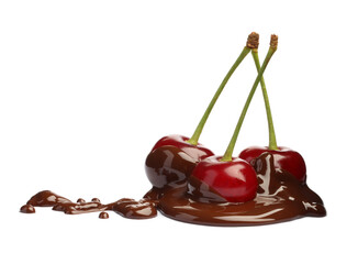 Sticker - Fresh cherries with melted chocolate isolated on white