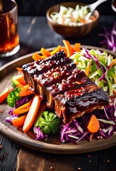juicy bbq ribs served fresh delicious barbecue ribs plated side salad, coleslaw, food, meal, lunch, dinner, meat, grilled, pork, slaw, cabbage, mayonnaise,
