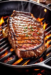 Poster - sizzling steak cast iron skillet grilling meat, cooking, searing, hot, juicy, delicious, meal, food, preparation, kitchen, seasoning, sear, barbecue, beef