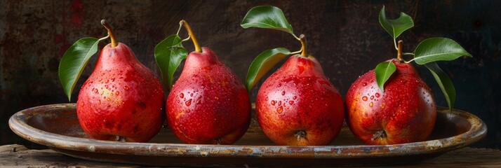 Wall Mural - Four red pears with green leaves on a rustic tray. Fresh fruit and healthy eating concept for posters and prints. Macro shot. Banner with copy space