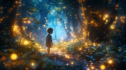 Aufkleber - A child stands in awe as they witness a magical display of fireflies illuminating a mystical forest.