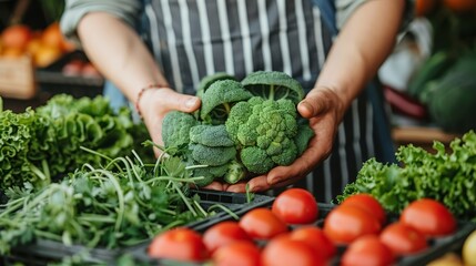 Sticker -  A person holds a head of broccoli before a spread of tomatoes and various fruits and vegetables