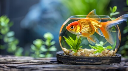  A goldfish in a bowl, atop a wooden table, is accompanied by a solitary plant and additional greenery