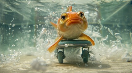  A goldfish atop a toy car in a bubble-producing fish tank