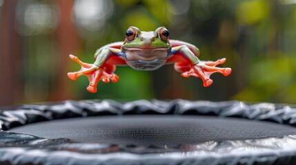 Wall Mural -  A frog perched on a trampoline, front legs extended
