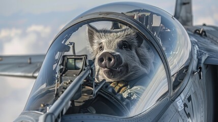 Poster -  A pig peeks from a fighter jet's open window, amidst the blue sky and scattered clouds