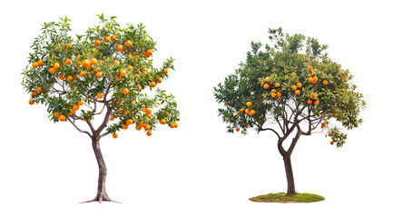 two orange tree with branches, oranges and leaves isolated on transparent or white background. 3d rendering