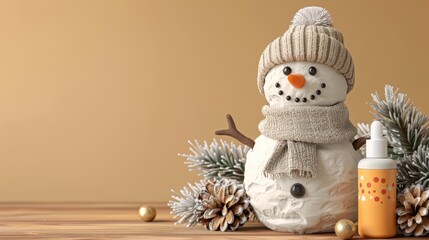  A snowman in a knit hat and scarf, nearby pine cones, and a sunscreen bottle