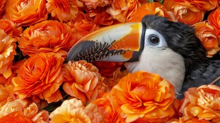 Canvas Print -  A close-up of a toucan atop a bed of orange flowers Foreground holds bright orange blossoms Background, a toucan in black and white