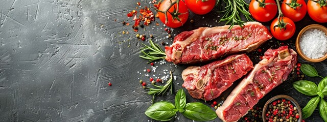 Wall Mural -  Raw steaks against a dark backdrop, topped with tomatoes, peppers, salt, pepper, and shakers