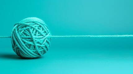 Wall Mural -  A ball of yarn sits on a string against a blue backdrop A white ball of yarn is at the string's end