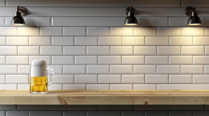 Canvas Print -  A beer glass atop a wooden counter, flanked by three lights against a white brick backdrop