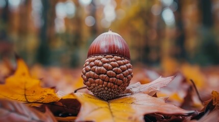 Poster -  An acorn rests atop a leafy mound in a forest's heart, surrounded by towering trees