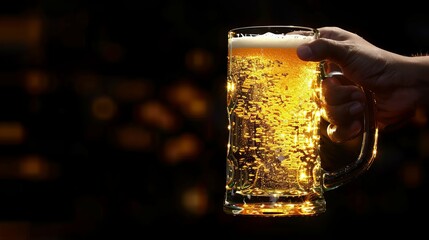 Wall Mural -  Person holds glass of beer filled with gold flakes against dark backdrop