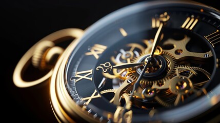 Wall Mural -  A tight shot of a black and gold watch face featuring Roman numerals