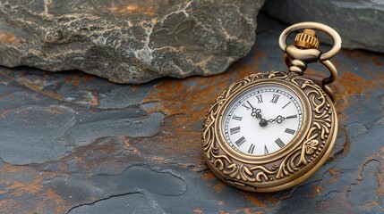 Wall Mural -  A tight shot of a pocket watch atop a rock, surrounded by one rock in the foreground and another in the background