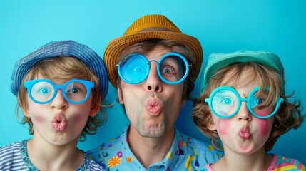 Wall Mural -  A man and two children make a funny face, sticking out their tongues – all wearing blue glasses