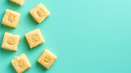 Wall Mural -  A stack of pineapple slices on a blue surface, decorated with sprinkles