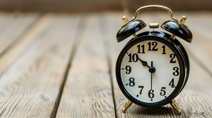 Wall Mural -  A black-and-white alarm clock atop a weathered wooden floor, before a wall of horizontal wood planks