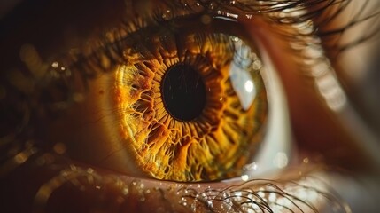 Wall Mural -  A tight shot of a yellow eye dotted with water droplets on its iris